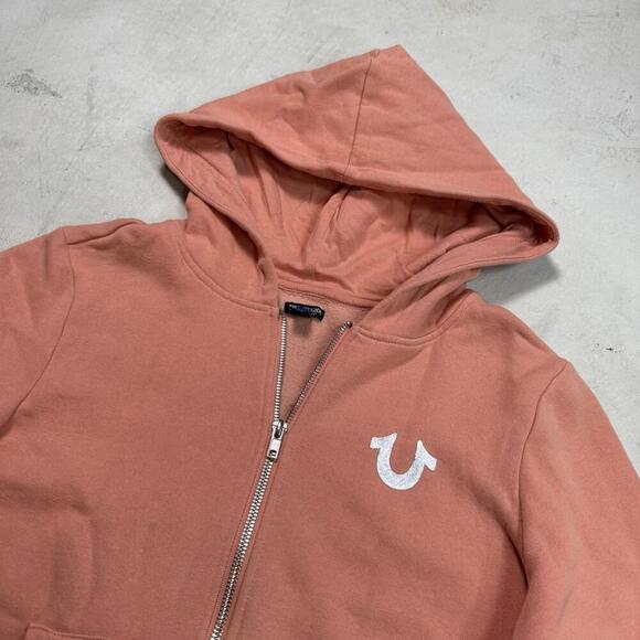 True Religion Pink Zip Hoodie M Metallic Logo Cropped Peach Pink  Y2K Streetwear - Picture 4 of 8
